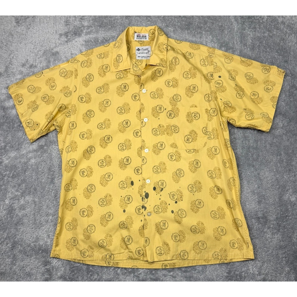 Vintage Torino Loop Collar Shirt Mens Medium Yellow Short‎ Sleeve Camp 50s 60s